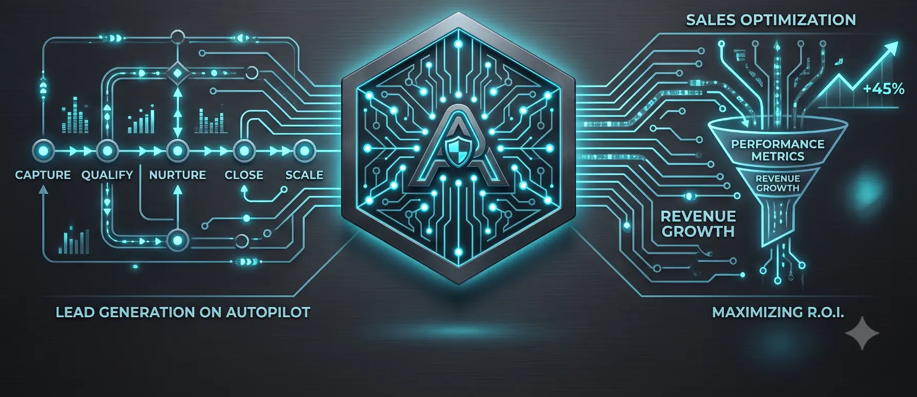 AI marketing automation flow: capture, qualify, nurture, close and scale, driving revenue growth
